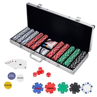 Poker Chips Set with Aluminum Chip Case - 500 6 Stripe Chips