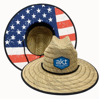 Straw Hat With Full Color Underbrim Imprint And Embroidered Patch