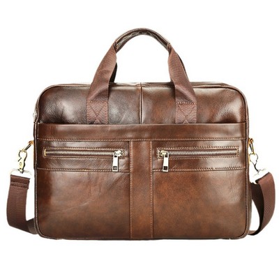 Genuine Leather Briefcases W/ Font Zipper Pockets