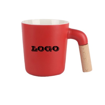 Matte Wooden Handle Wide Mouthed Ceramic Coffee Cup