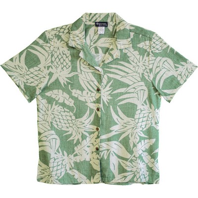 Ladies Hawaiian Tropical Print 100% Rayon Silky Feel Bahama Sage Shirt - DEEP INVENTORY