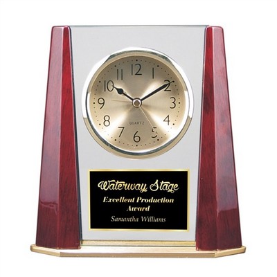 7 1/8" Glass Desk Clock w/Rosewood Finish Bevel Columns