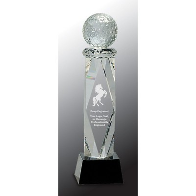 10 3/4" Clear Crystal Golf Ball Award on Facet Column w/Black Base