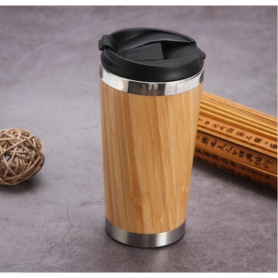 Insulated Stainless Steel Travel Bamboo Coffee Tumbler w/Lid