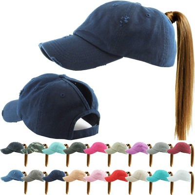 Distressed Ponytail Washed Cotton Cap