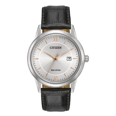 Citizen® Men's Eco-Drive® Stainless Steel Watch w/Black Leather Strap & Rose Gold Accents