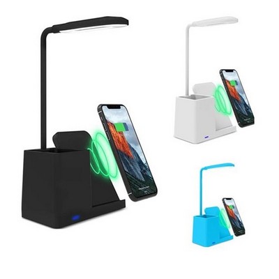 LED Desk Lamp Organizer w/Pen Holder & QI Wireless Charger Stand