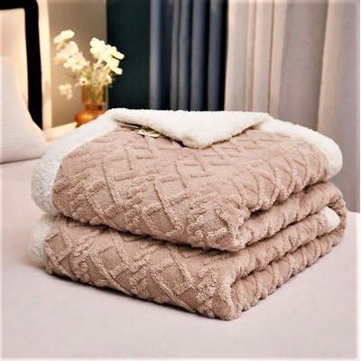 Alesia C. Luxury Fuzzy Jacquard Knit Sherpa Throw Blanket Beige