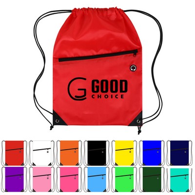 420D Polyester Drawstring Backpack w/ Front Zipper Pocket