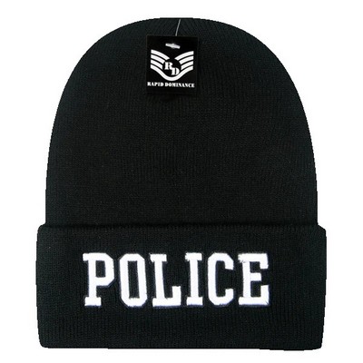 Police Law Enforcement Knit Beanie Cap w/White Text