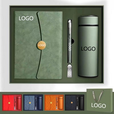 Luxury Business Gift Set w/Leather Notebook & Ballpoint Pen & Thermal Vacuum Tumbler & USB Drive