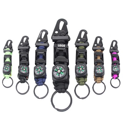 Multi Functional Rope Key Chain with Whistle Flint and Compass