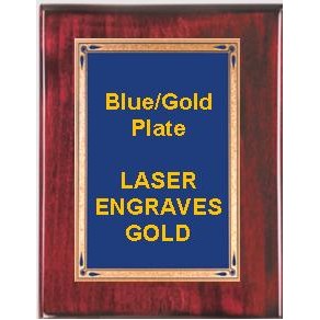 Rosewood 9" x 12" Piano Finish Plaque - 7" x 10" Blue/Gold Teardrop Plate