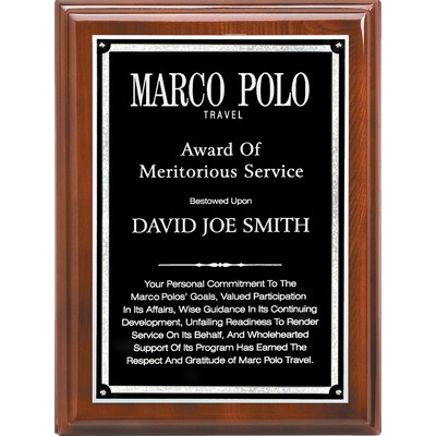 Walnut Piano Finish Plaque, Black-Silver Brass Plate, 9"x12"