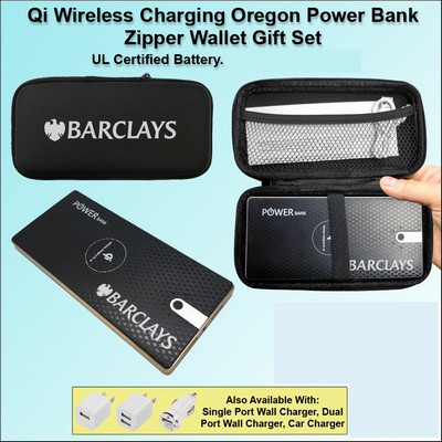 Qi Wireless Charging Oregon Power Bank Zipper Wallet Gift Set 8000 mAh