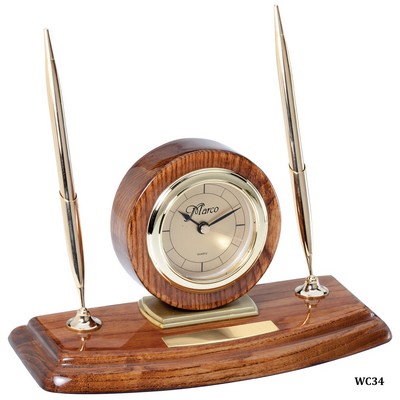 Walnut Piano Finish/Gold Desk Clock on Base with 2 Pens