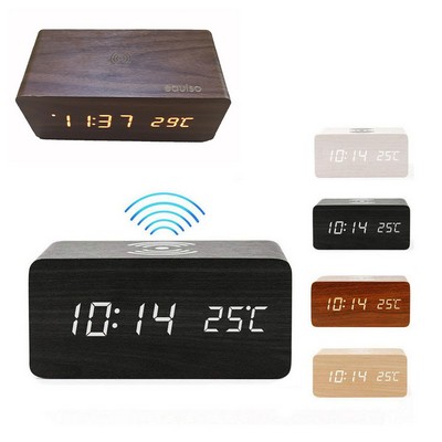 Wireless Charging Wood Led Clock