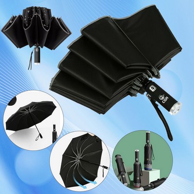 Auto Compact Umbrella with LED Flashlight & Reflective Strip