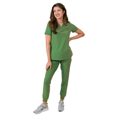 Medgear Aurora Women's Scrubs Set, V-Neck One Pocket Top with Knit Rib Cuffs Jogger Pants