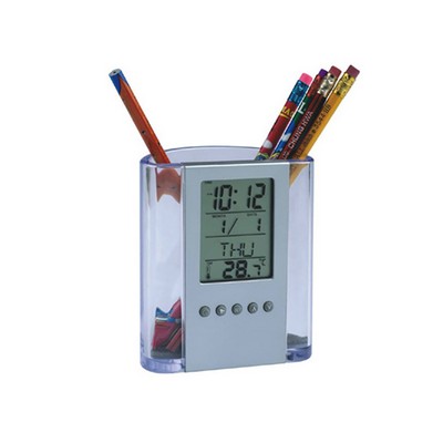 Clear Desktop Pen Holder with Alarm Clock