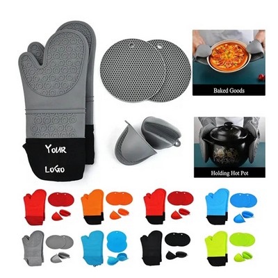 Long Oven Mitts and Pot Holders Sets Heat Resistant Silicone