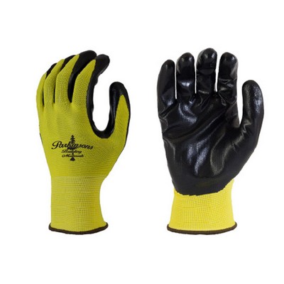 Black, nitrile dip, premium yellow polyester shell, work glove