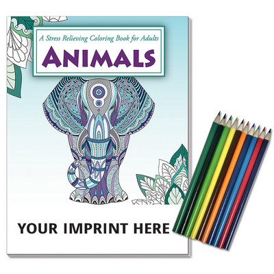 Relax Pack - Animals Coloring Book for Adults + Colored Pencils