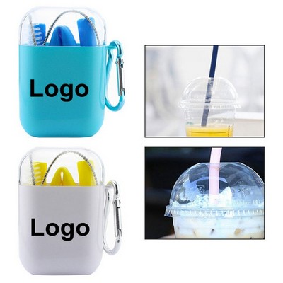 Portable Collapsible Reusable Silicone Drinking Straw Set with Cleaning Brush and Case