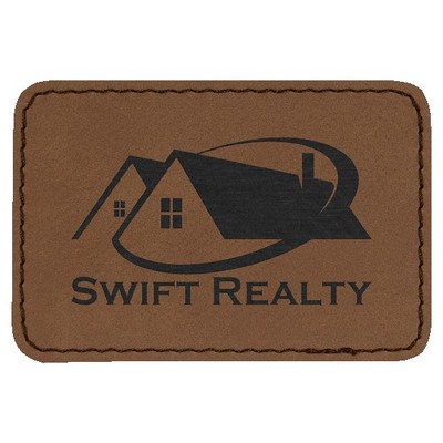 Rectangle Engraved Patch with Adhesive, Dark Brown Faux Leather, 3" x 2"