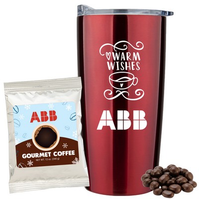 Promo Revolution- 20 Oz. Vacuum Sealed Straight Tumbler Gift Set w/Coffee & Espresso Beans (Holiday)