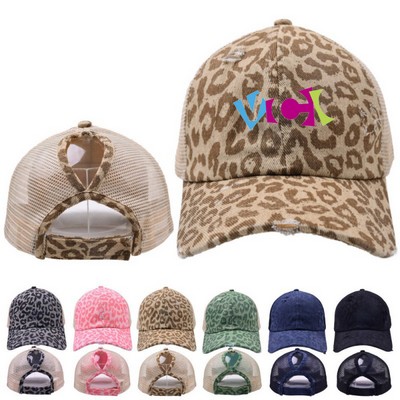 Leopard Vintage Ponytail Mesh Baseball Cap