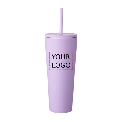 Double Wall Plastic Tumbler with Straw, 24 oz.