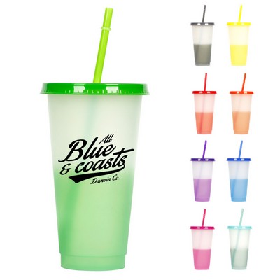 24oz Plastic Color Changing Tumbler with Lid & Straw