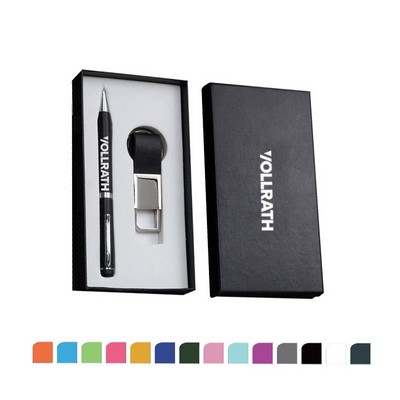 2 Pieces Business Gift Set: Chrome Keyring and Twist Ballpoint Pen (Black & Brown in Stock)