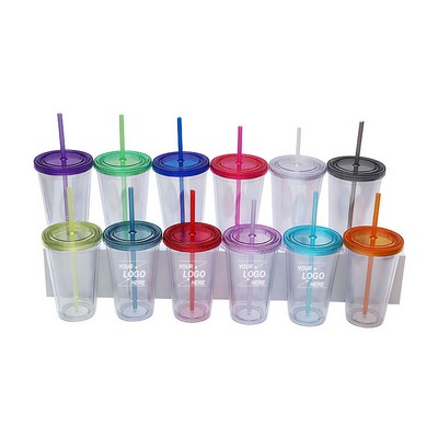 16oz Clear Double Wall Plastic Tumblers with Straw and Lid