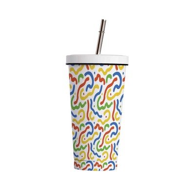 17oz Insulated Tumbler with Colorful Abstract Pattern and Straw