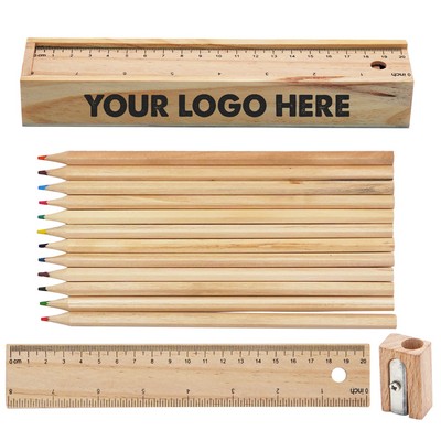 12-Piece Colored Pencil Set In Wooden Ruler Box