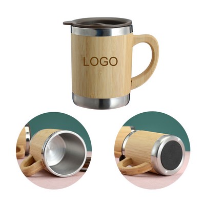 12oz Eco-Friendly Bamboo Stainless Steel Coffee Mug w/Handle & Lid MOQ100PCS