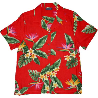 Ladies Hawaiian Tropical Print 100% Rayon Silky Feel Bahama Red Shirt - DEEP INVENTORY