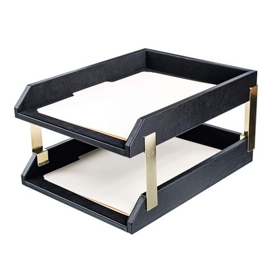 Classic Black Leather Double Front Load Letter Sized Letter Tray w/Gold Post