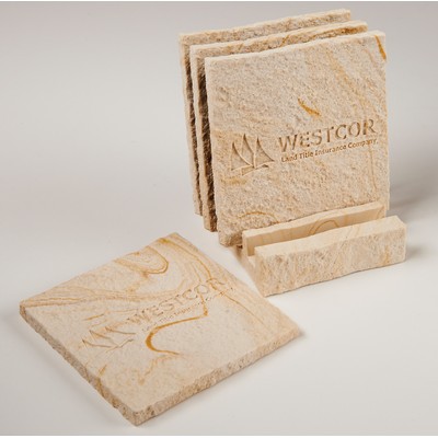 4-Pc Square Limestone-Texture Coaster Set w/Base