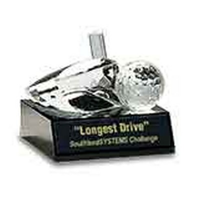 Clear Optic Crystal Golf Ball & Club Award on Black Pedestal Base (3")