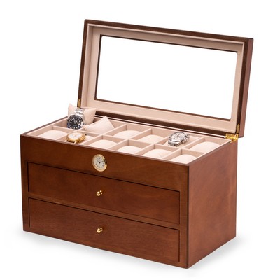 Cherry wood thirty-six watch box with quartz movement clock