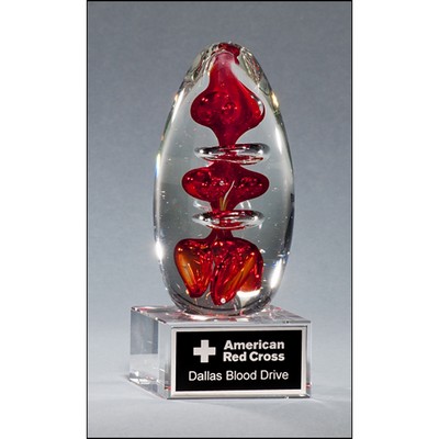 Egg-Shaped Red Art Glass Award Clear Glass Base