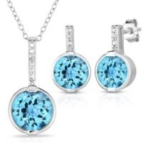 Jilco Inc. Bezel Set Round Blue Topaz & Round Diamond Earring & Necklace Set