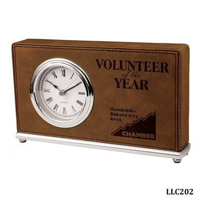 Dark Brown Horizontal Desk Clock, Laserable Leatherette, 7-1/2" x 4-1/2"