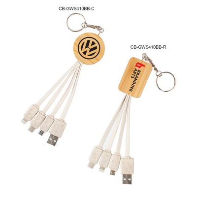 Eco Friendly Bamboo and Wheat Straw 4 in 1 Charging Cable with Type C, Lightning and Micro USB Conne