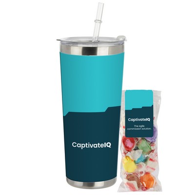 20 Oz. Dual Walled Vacuum Sealed Tumbler w/Straw Gift Set - Snack Pack w/ Salt Water Taffy