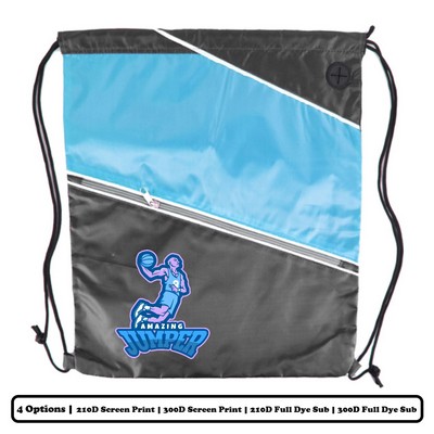 Multi-Panel Polyester Drawstring Bag w/ Slant-Zip Pocket w/ Custom Logo