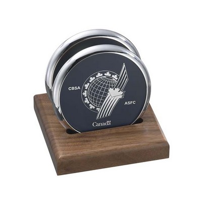 2 Round Solid Chrome Coasters w/Solid Walnut Wood Flat Stand